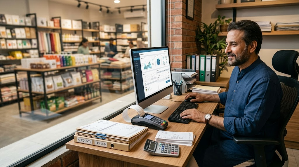 Pakistani business owner printing FBR-compliant invoice with QR code from Sabify POS terminal