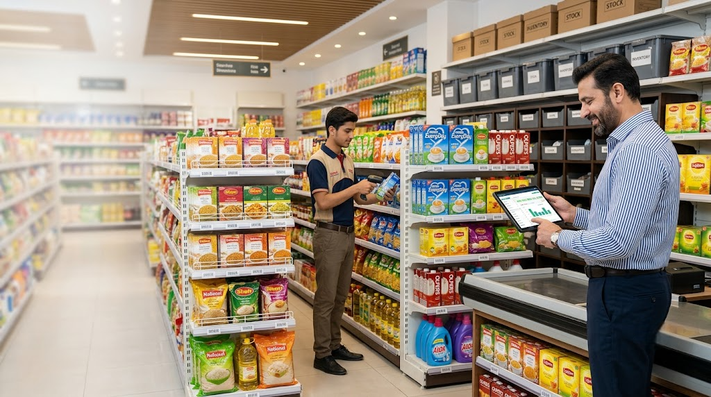 Retail worker scanning product barcodes with Sabify POS handheld device in a Pakistani store