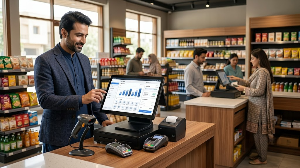 Pakistani shopkeeper comparing mobile and desktop POS systems at a retail counter