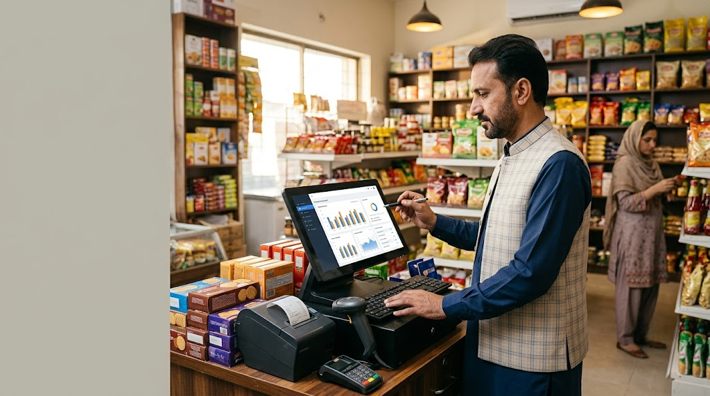 Pakistani shop owner reviewing weekly POS sales analytics on a Sabify dashboard