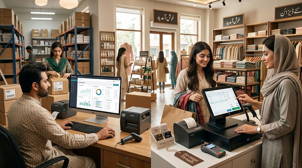 Diagram showing real-time inventory sync between Shopify store and Sabify POS system