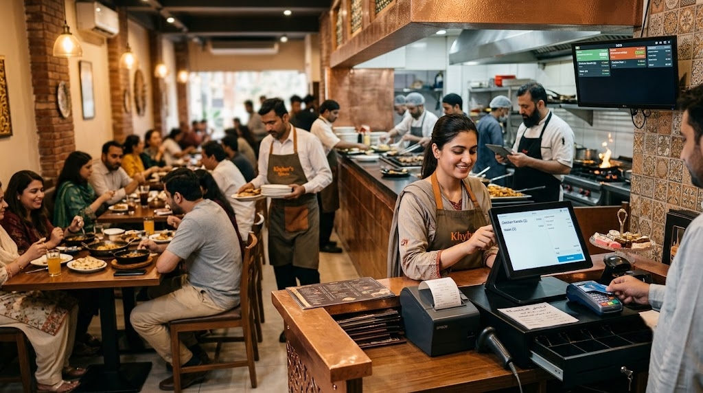 Restaurant server using Sabify mobile POS device for tableside ordering in a Pakistani restaurant